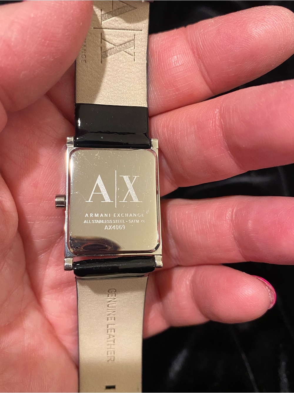 Armani Exchange Silver Case Watch with Crystals & Black Leather Strap